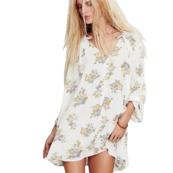 Free People White Gardenia Retro Print Swing Tunic Crepe Boho Dress Size Large - Picture 16 of 16